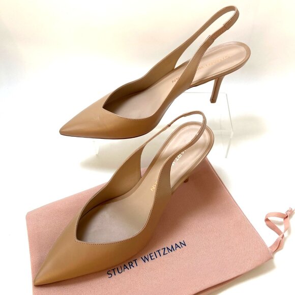 Stuart Weitzman Eva Slingback Pointy Toe Pumps Beige Leather Women Size 40 US9.5 - Picture 5 of 12